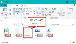 各ファイルの拡張子と、隠しファイルの「test3.txt」が表示された