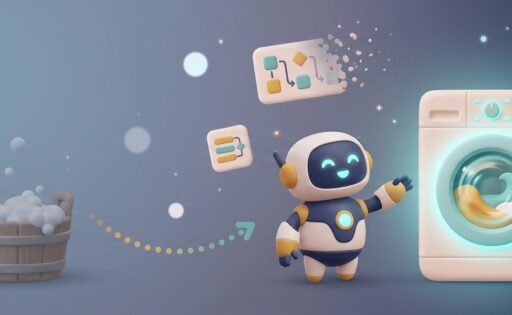 洗濯板と洗濯機の前で、洗濯機を指し示すロボットのイラスト