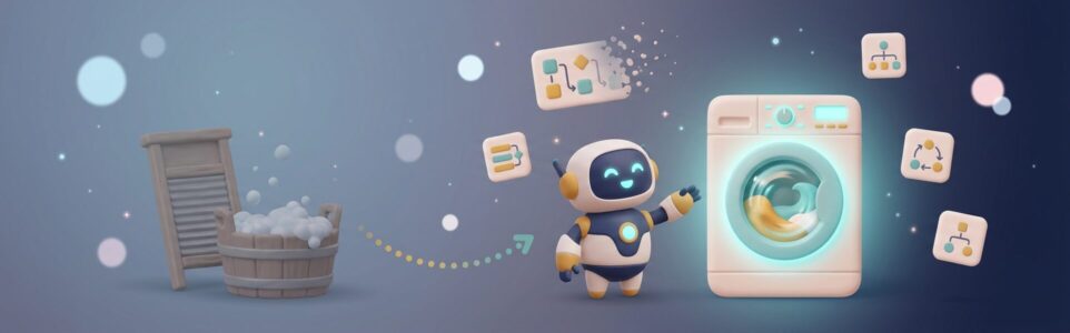 洗濯板と洗濯機の前で、洗濯機を指し示すロボットのイラスト