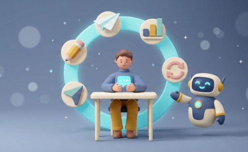 小さなチャット画面を見つめる人の後ろで、作る・配信する・集計する・改善するの輪が回っているイラスト