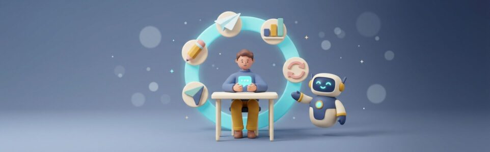 小さなチャット画面を見つめる人の後ろで、作る・配信する・集計する・改善するの輪が回っているイラスト