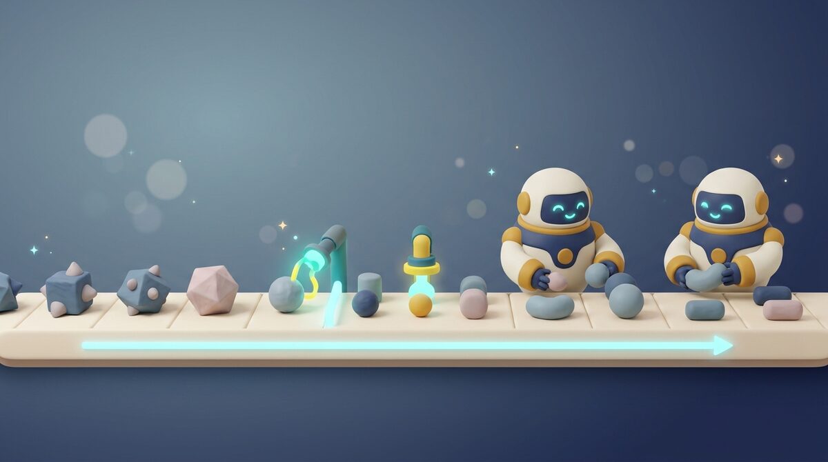 ベルトコンベアの上で、いびつな部品が丸い部品に作り替えられ、ロボットが楽に掴んでいるイラスト