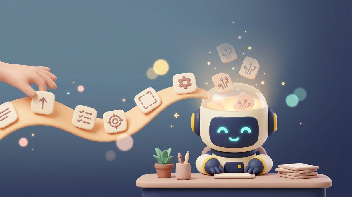 頭の中の記憶が消えていくロボットに、前提が書かれたカードが次々と流れ込むイラスト